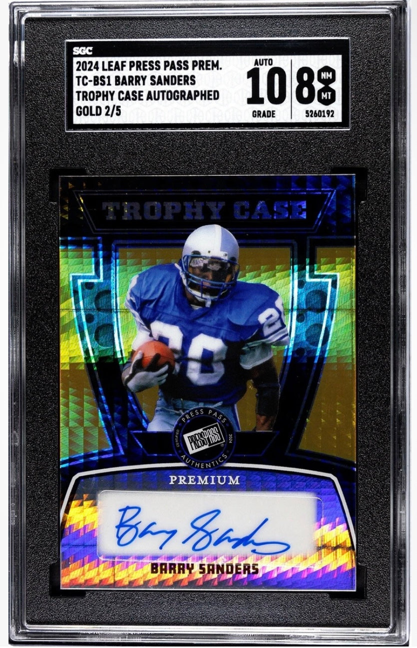 2/5 GOLD Barry Sanders Auto* 2024 Leaf PRESS Pass Trophy Case TC-BS1 Lions SGC 8