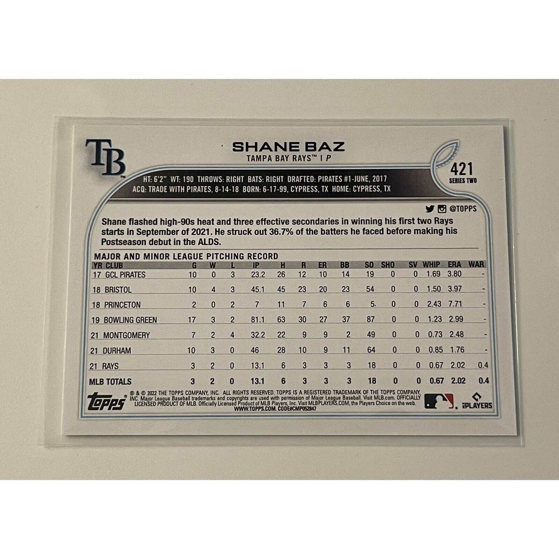 Shane Baz 2022 Topps Series 2 Tampa Bay Rays rookie baseball card