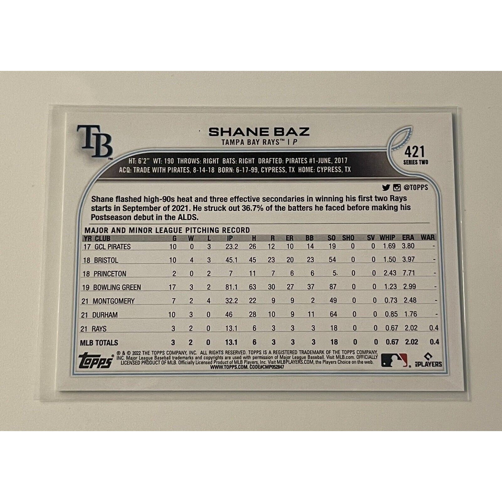 2022 Topps Shane Baz MLB Tampa Bay Rays rookie baseball card back view