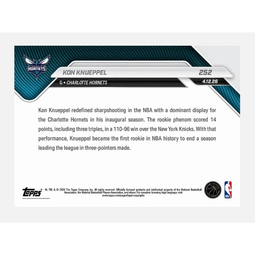 Kon Knueppel RC 2026 Topps NOW #252 1st Rookie to Lead NBA in 3PM Hornets
