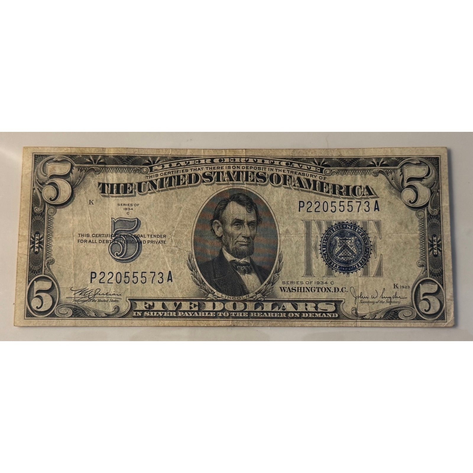 **!1934**! C $5 Silver Certificate Blue Seal Lincoln Note Vintage US Currency**!