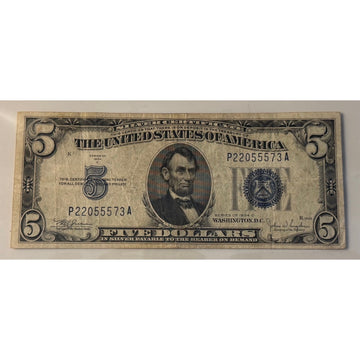 **!1934**! C $5 Silver Certificate Blue Seal Lincoln Note Vintage US Currency**!
