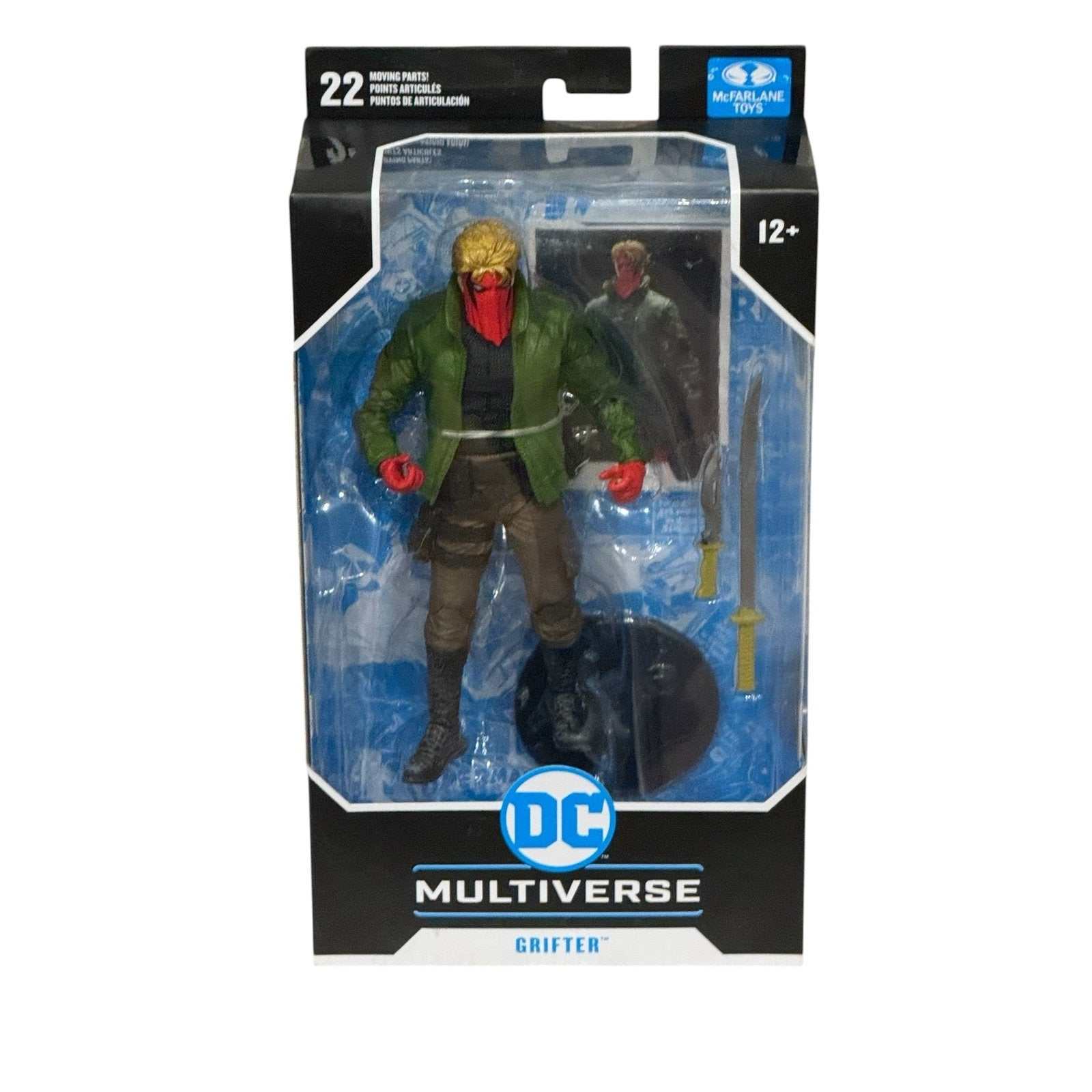 McFarlane DC Multiverse Grifter 7-inch action figure with 22 articulation points, twin pistols, sword, and display stand in sealed packaging