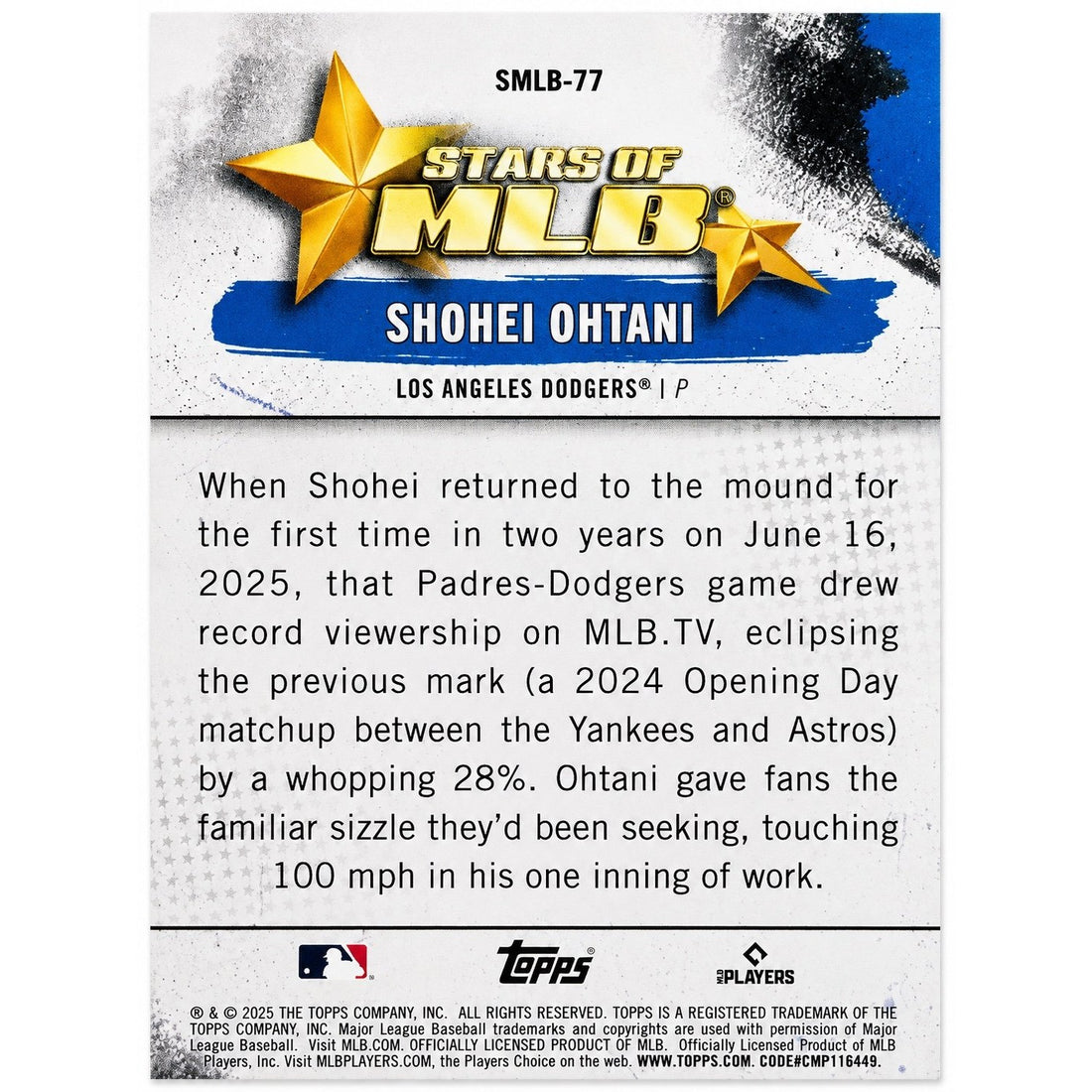 Shohei Ohtani Topps Shohei Ohtani 2025 Topps SMLB 77 MLB LA Dodgers Return to Pitching Insert Card