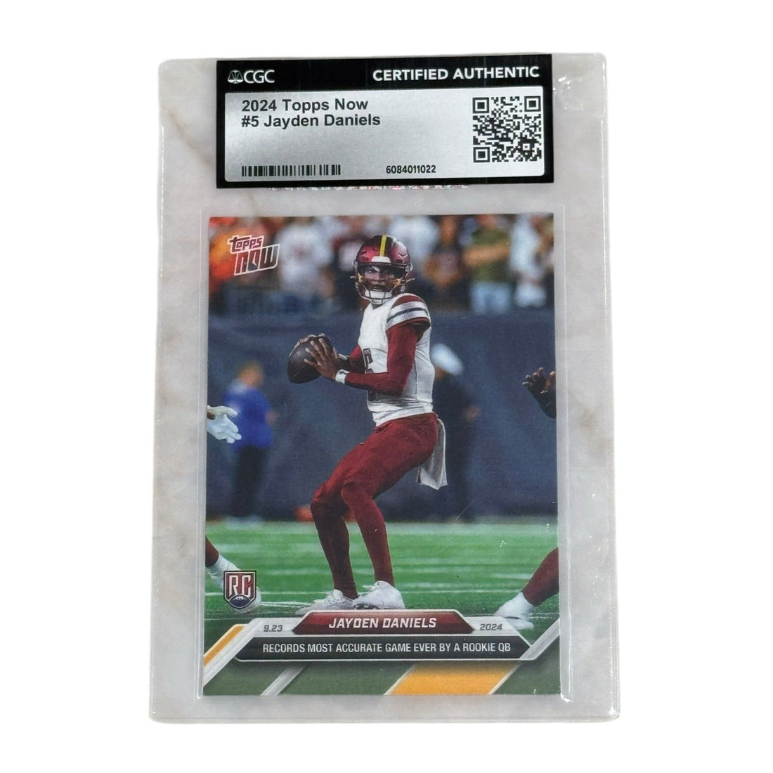 Jayden Daniels 2024 Topps Now Rookie CGC Certified Authentic football card with record-setting accurate game highlight
