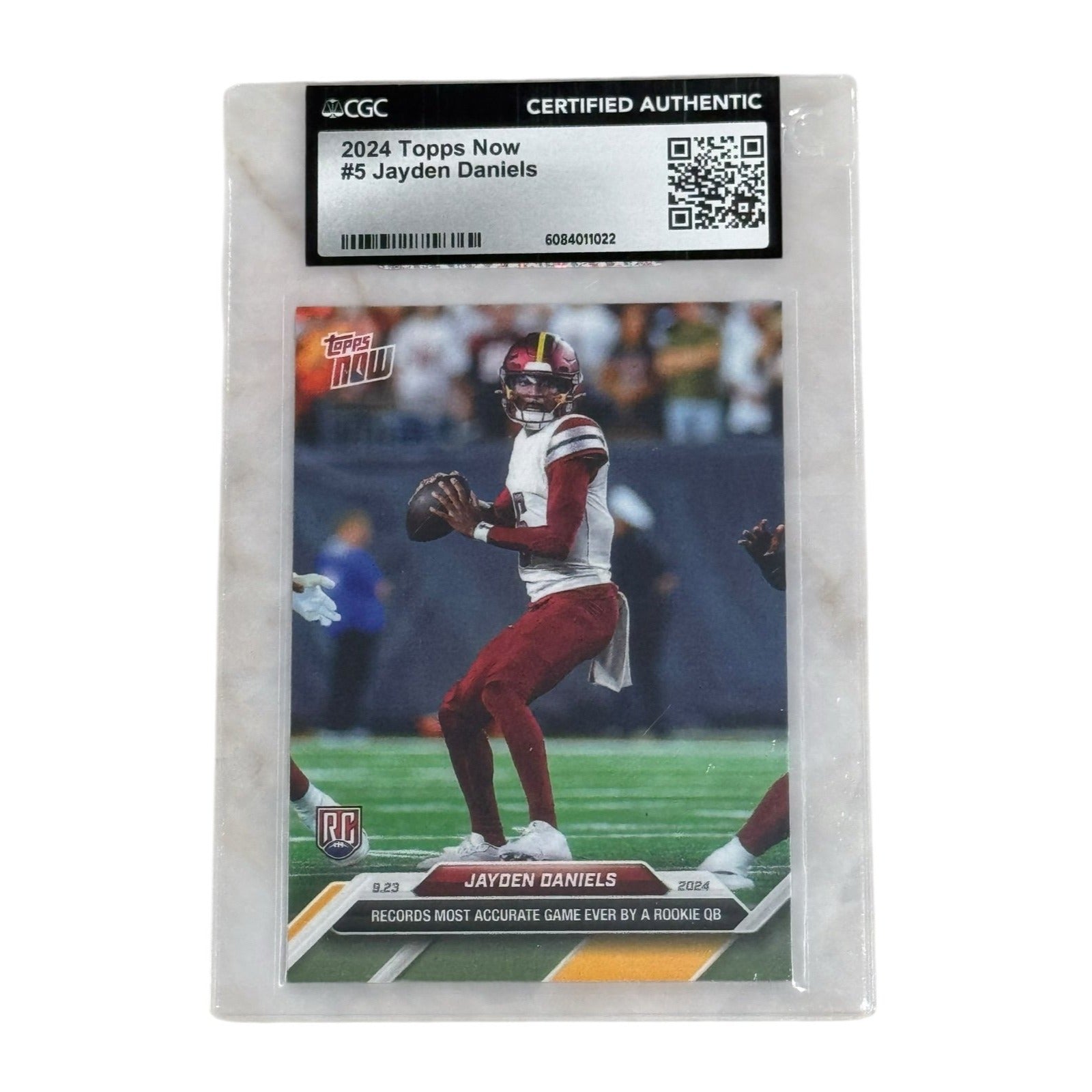 Jayden Daniels 2024 Topps Now Rookie CGC Certified Authentic football card with record-setting accurate game highlight