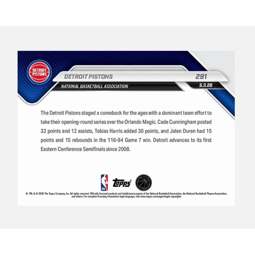 876 PR Detroit Pistons 2026 NBA Topps NOW #291 East Semifinals Playoff Victory