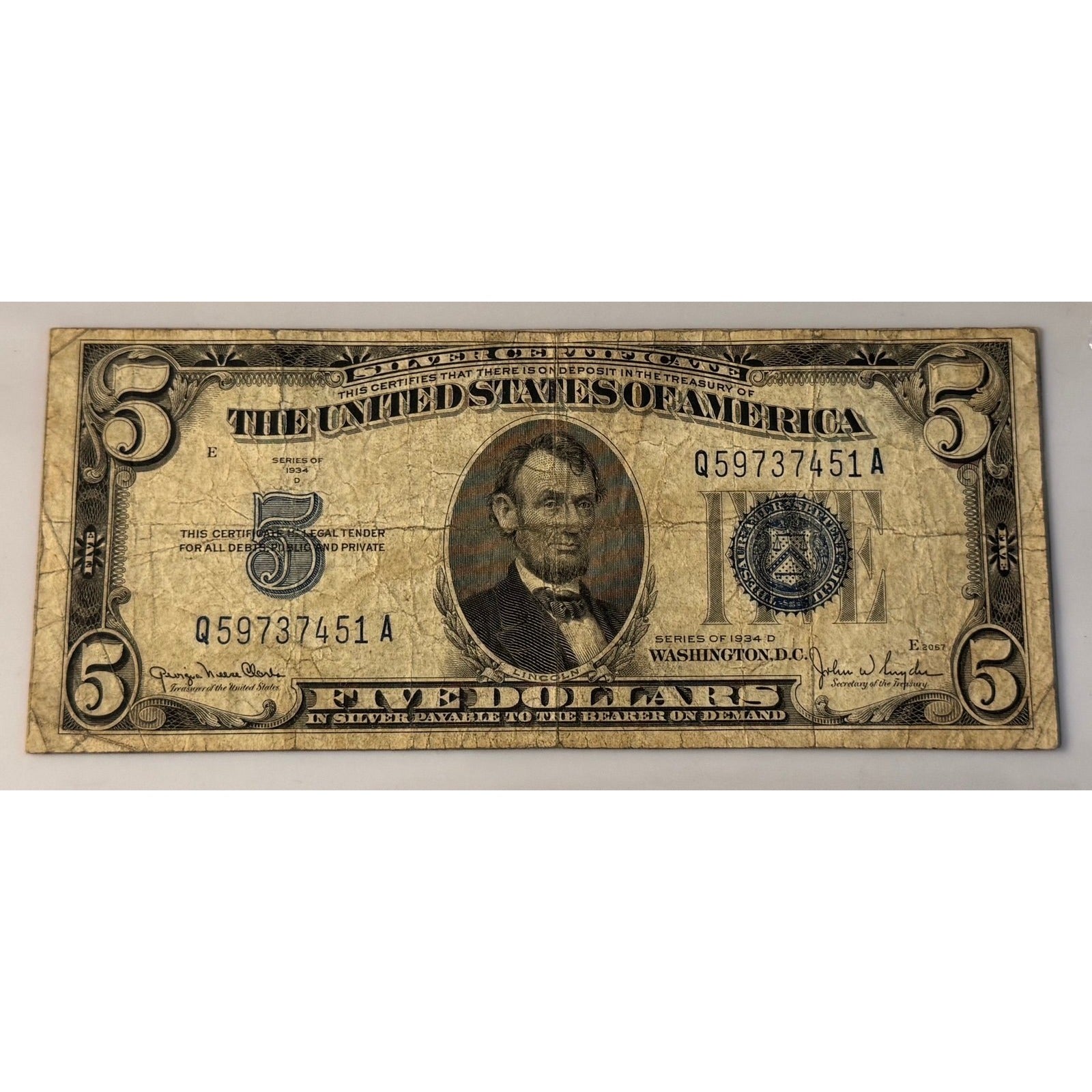 **1934*! D $5 Silver Certificate Blue Seal Clark Snyder Circulated **US Note**!
