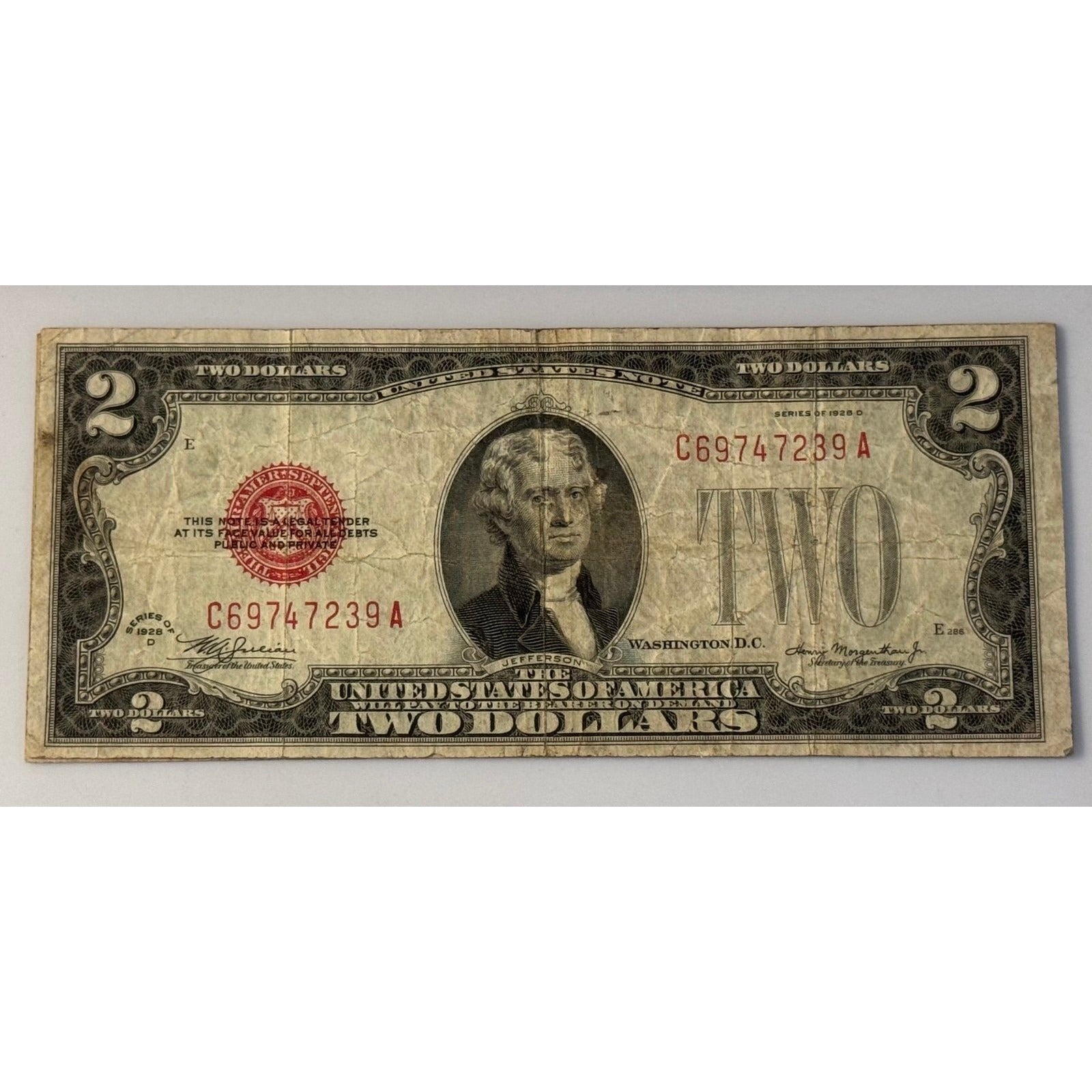 1928 DVintage $2 Red Seal Jefferson Note Julian Morgenthau Circulated USCurrency
