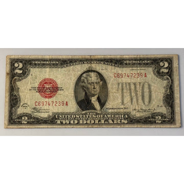1928 DVintage $2 Red Seal Jefferson Note Julian Morgenthau Circulated USCurrency