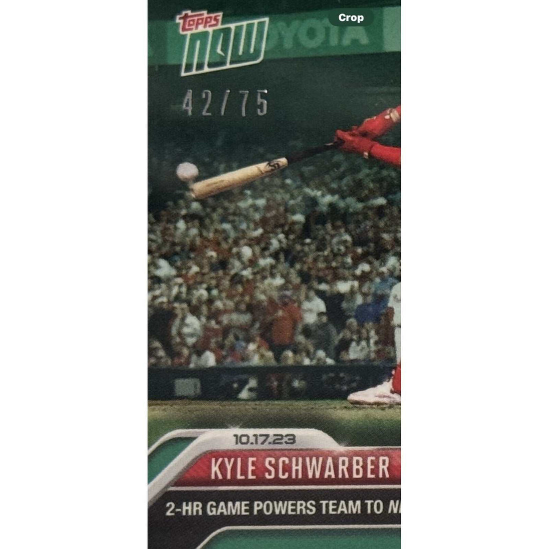 42/75 Game-used Base Relic Kyle Schwarber 2023 Topps Now Card #1012B in protective case