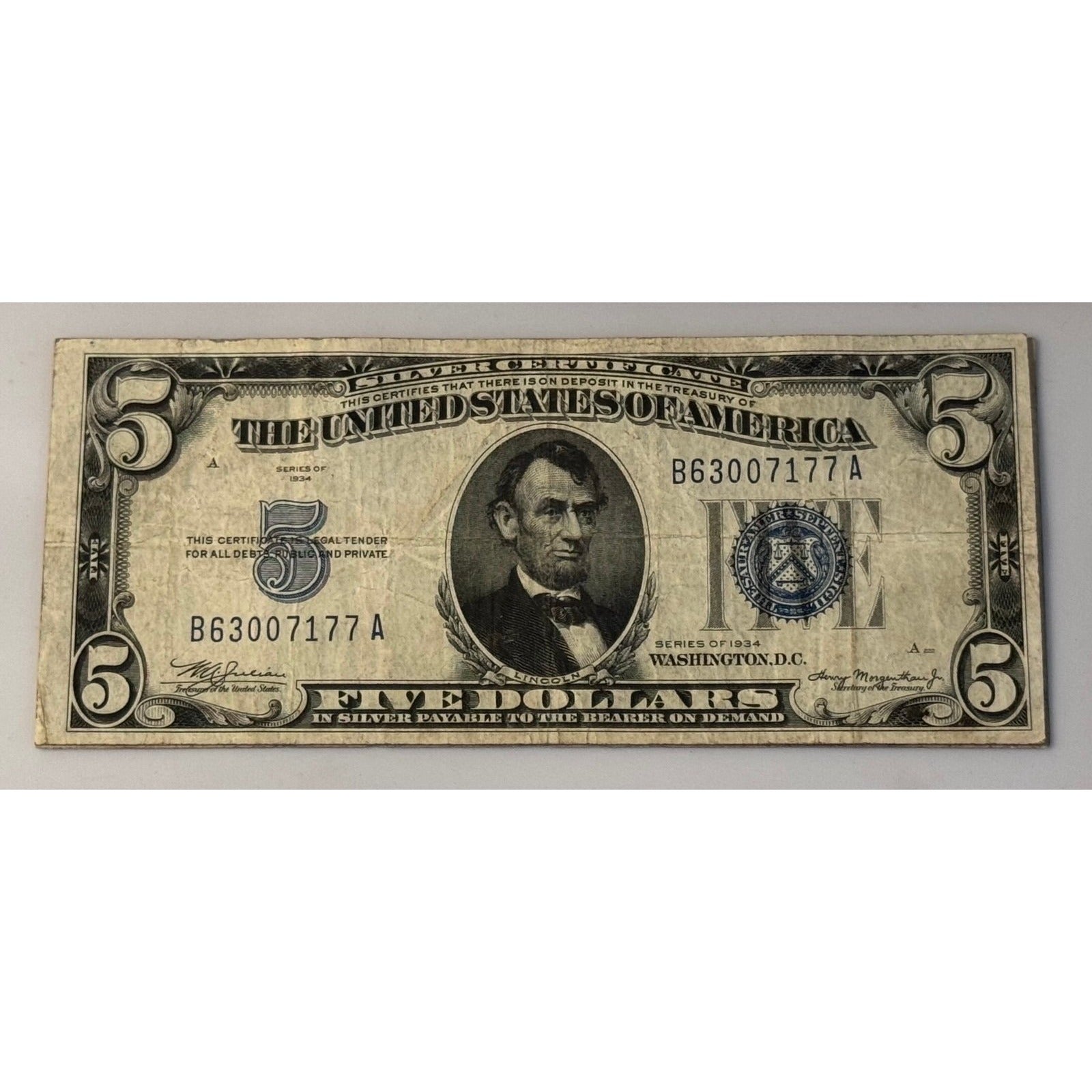 **1934*! $5 Silver Certificate Blue Seal Julian Morgenthau Circulated US Note**!