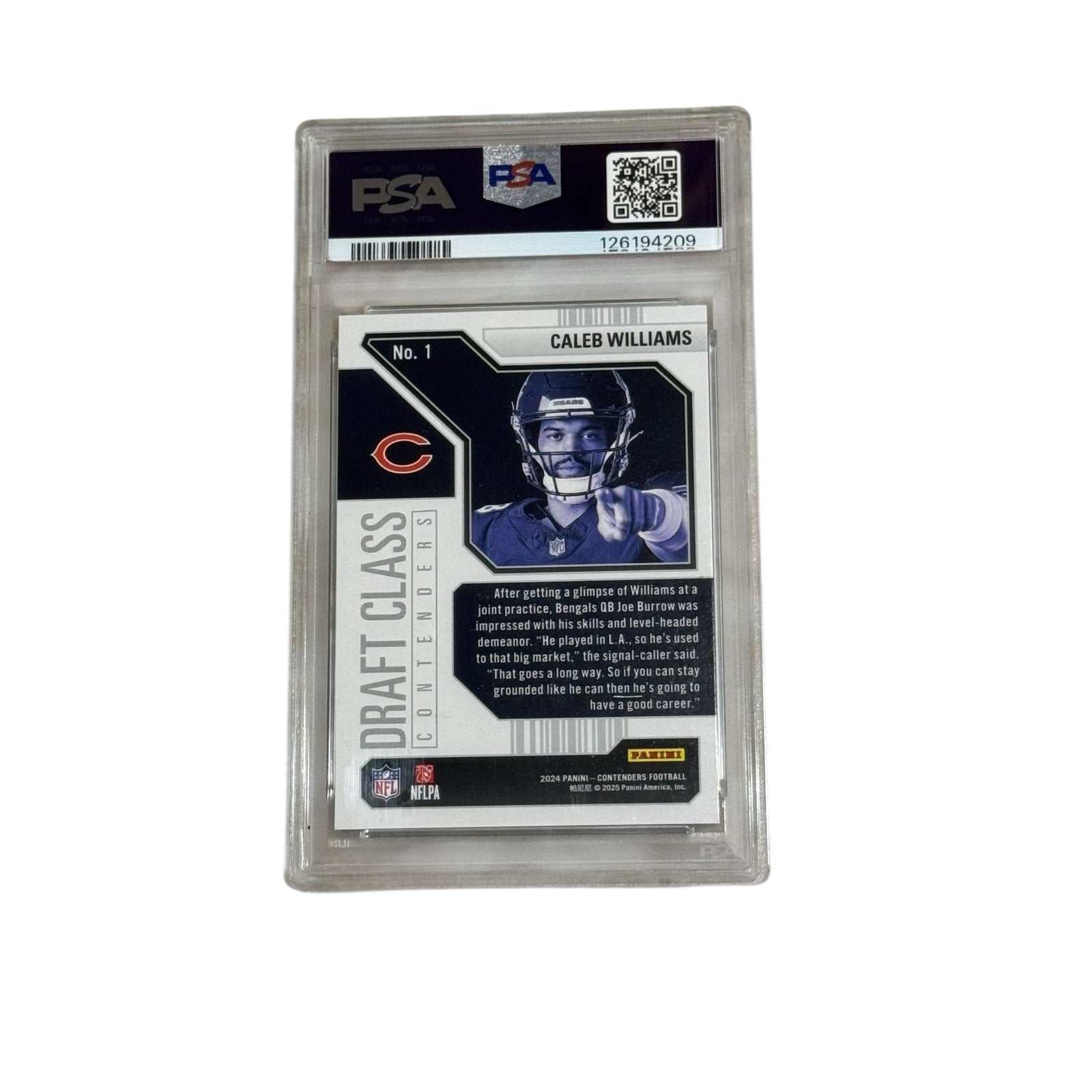 Caleb Williams 2024 Contenders Draft Class Rookie Card PSA 9 with Chicago Bears logo