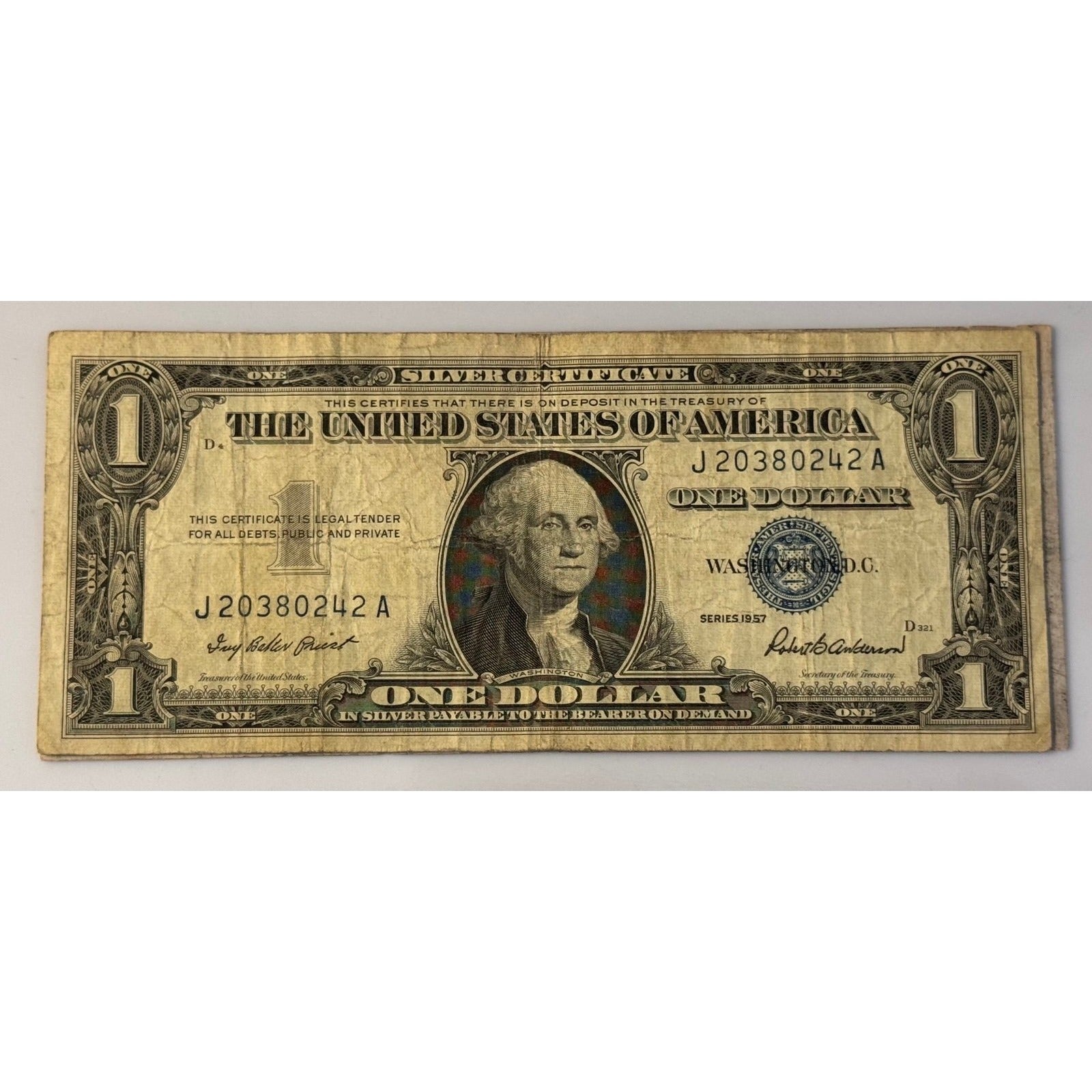 **1957*! $1 Silver Certificate Blue Seal Priest Anderson Circulated **US Note**!