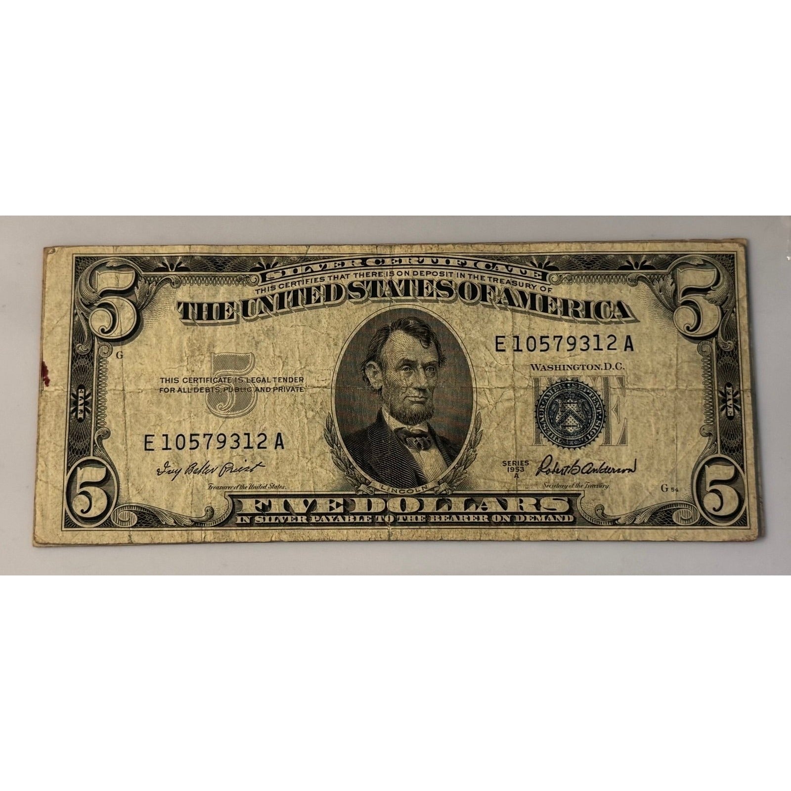 *1953**! A $5 Silver Certificate Blue Seal Priest Anderson Circulated US Note**!