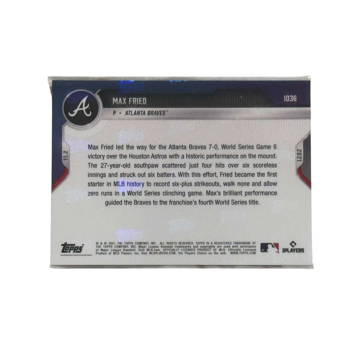 Max Fried Topps Now card 1036 featuring Game Six World Series performance for Atlanta Braves
