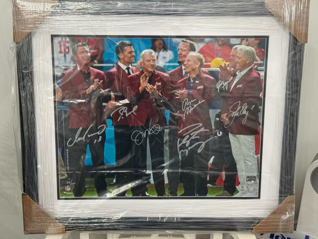 Limited edition autographed photo of 7 NFL quarterbacks Dan Marino, Tom Brady, Joe Montana, Peyton Manning, Roger Staubach, Brett Favre, and John Elway, framed and numbered 54/100