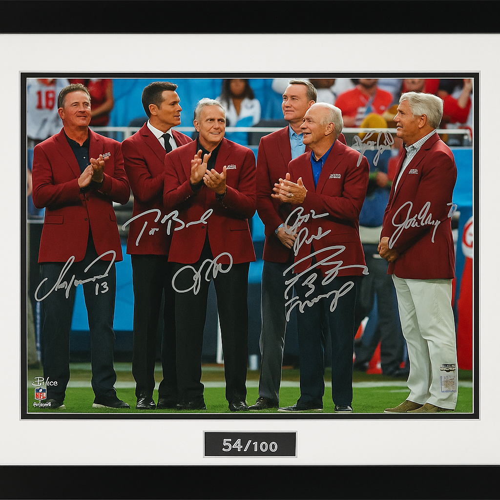 Limited edition autographed photo of 7 NFL quarterbacks Dan Marino, Tom Brady, Joe Montana, Peyton Manning, Roger Staubach, Brett Favre, and John Elway, framed and numbered 54/100