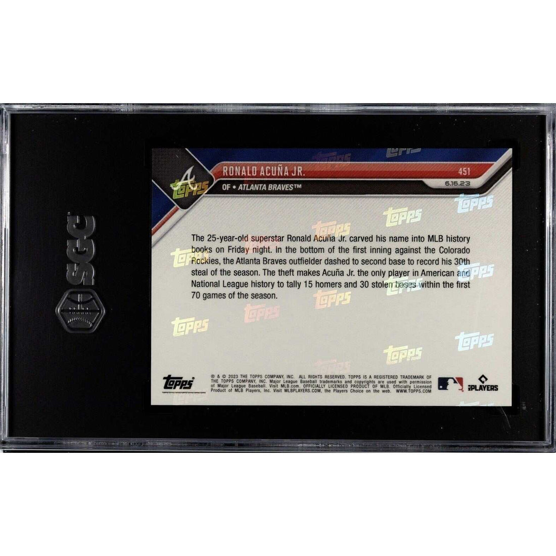 2023 Topps NOW Ronald Acuna Jr SGC 10 graded baseball card showing Acuna sliding in game action