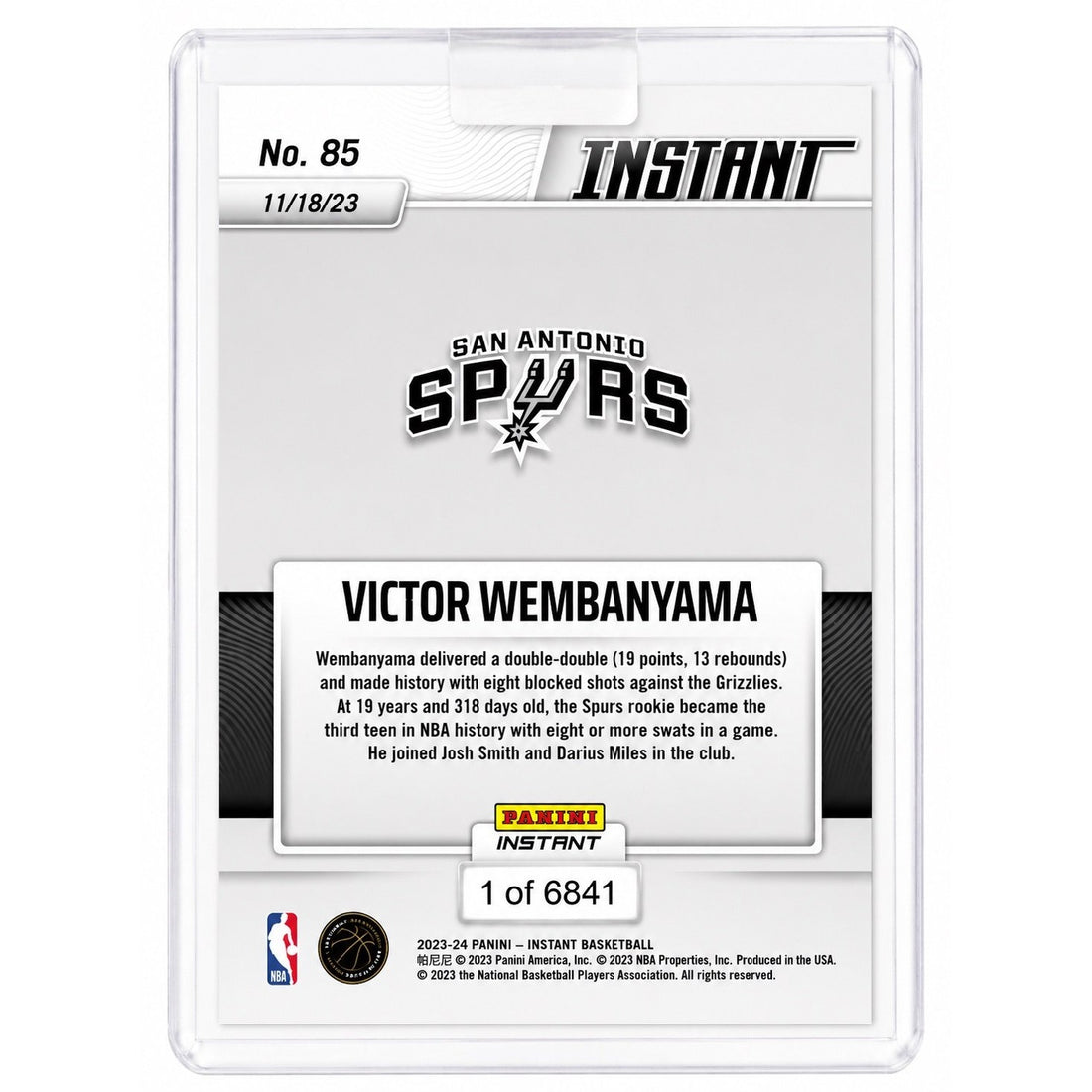 6841 Printed Victor Wembanyama RC 2023-24 Panini Instant #85 Swanky Swat Club