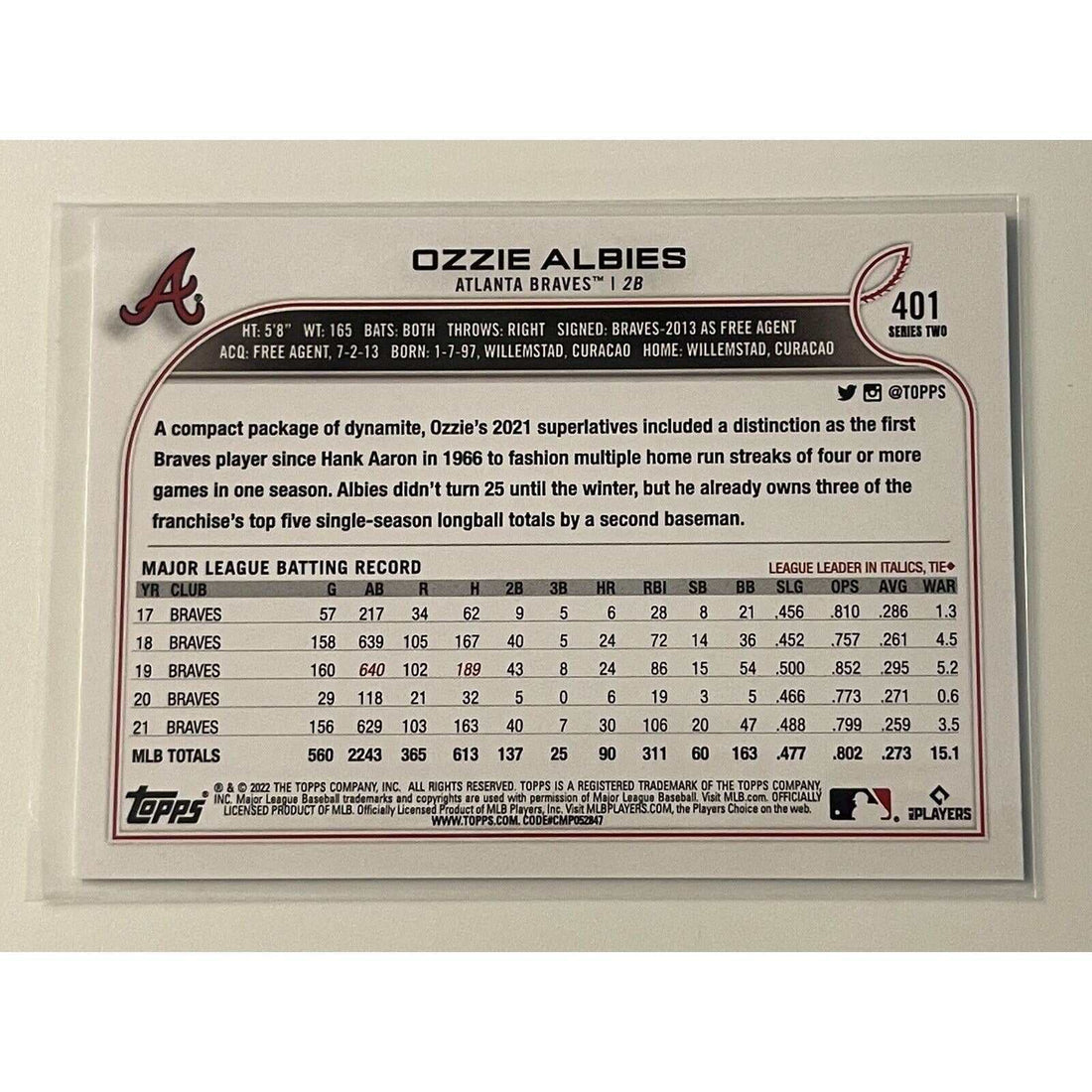2022 Topps Series 1 Ozzie Albies Atlanta Braves MLB baseball card #401 mint condition