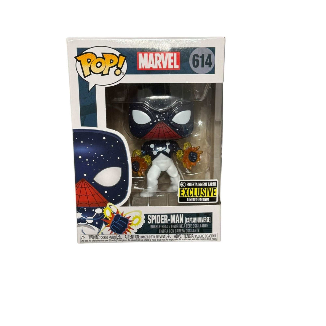 Marvel Funko Pop Spider-Man Captain Universe 614 exclusive collectible figure in box with galaxy-inspired suit and cosmic effects