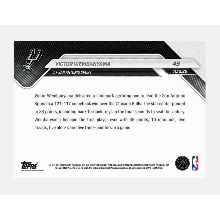 2869 PR Victor Wembanyama 2025-26 NBA Topps NOW Card #49 Spurs NBA Star