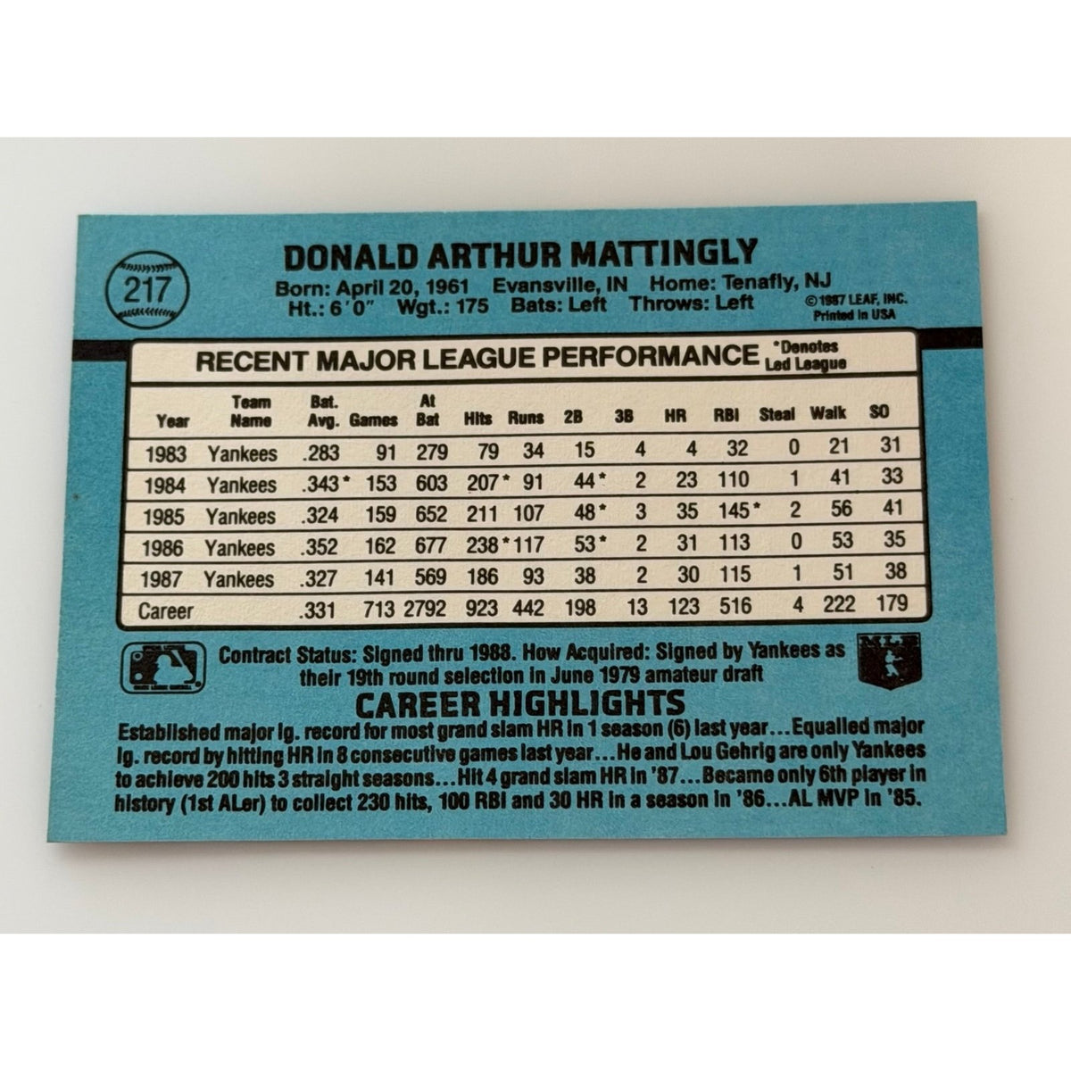 1988 Donruss Don Mattingly #217 New York Yankees baseball card, back