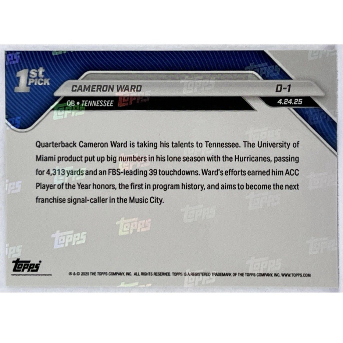 Cameron Ward RC* 2025 Topps Now 1st* Pick Draft Card #D-1 - NFL Tennessee Titans