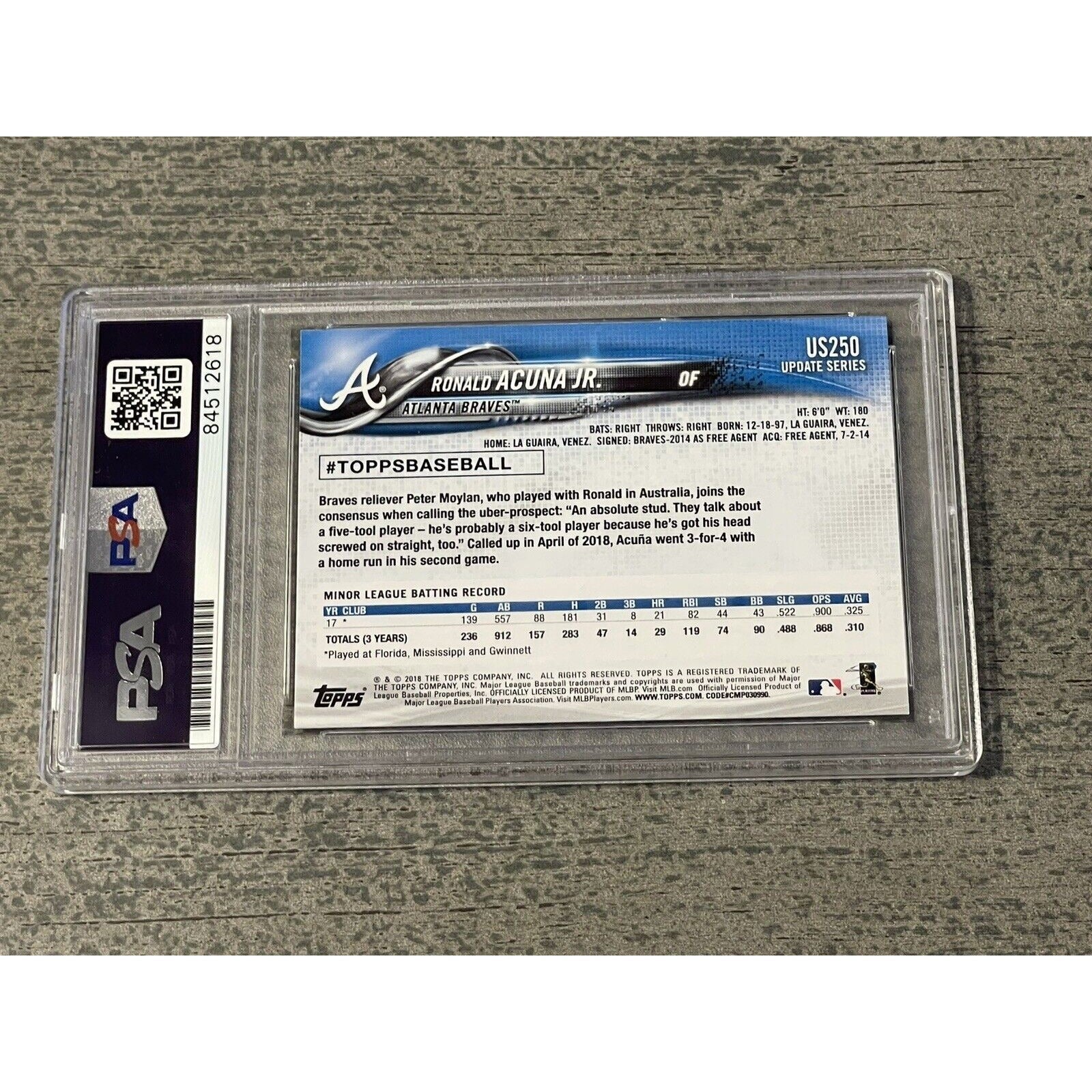 Ronald Acuna Jr 2018 Topps Update RC #US250 PSA GEM MINT 10 autographed Atlanta Braves baseball card back view