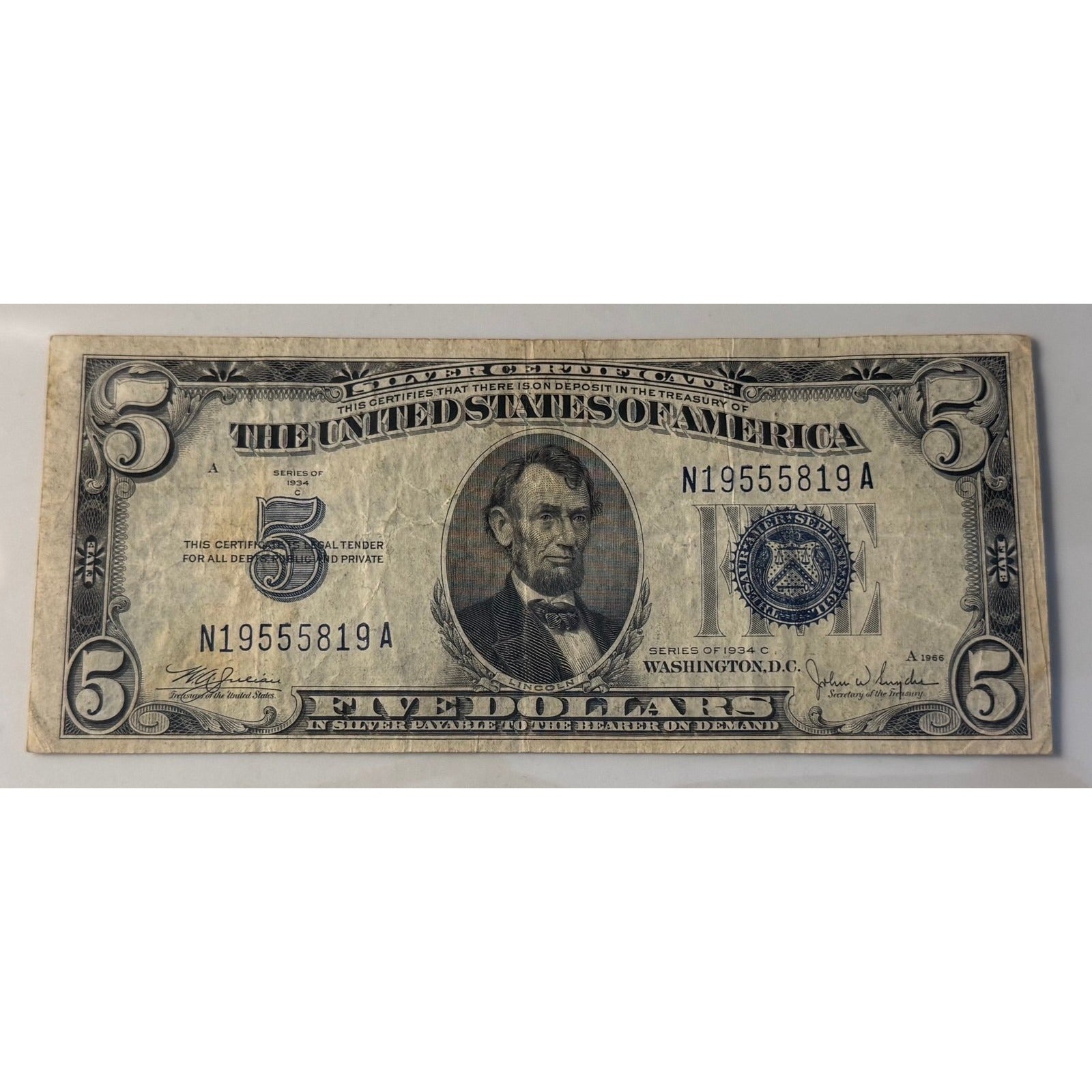 **!1934**! C $5 Silver Certificate Blue Seal Lincoln Note Vintage US Currency**!