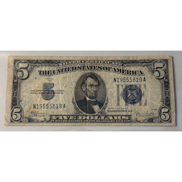 **!1934**! C $5 Silver Certificate Blue Seal Lincoln Note Vintage US Currency**!