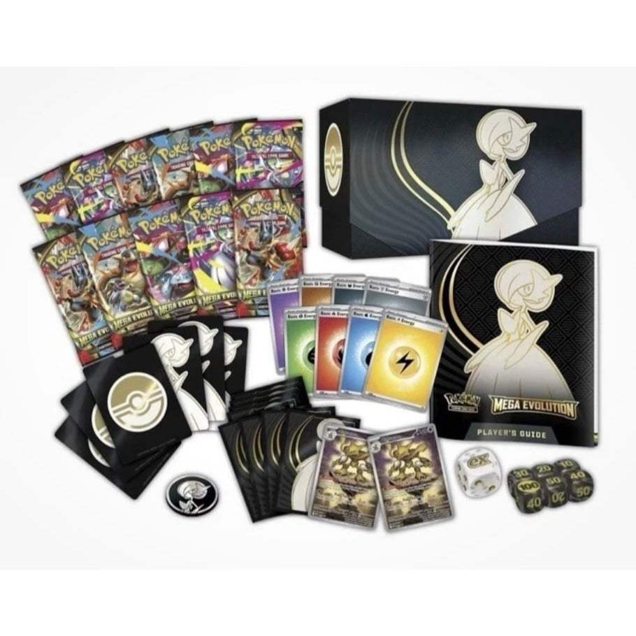 Sealed Elite Pokémon TCG Mega Evolution Elite Trainer Box featuring Mega Gardevoir with booster packs and card sleeves