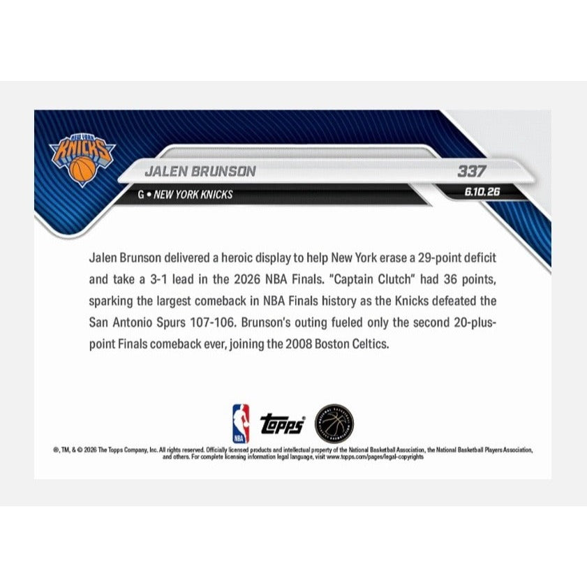 Limited PR NM 2025-26 Topps NOW Jalen Brunson #337 NBA Finals Historic Comeback