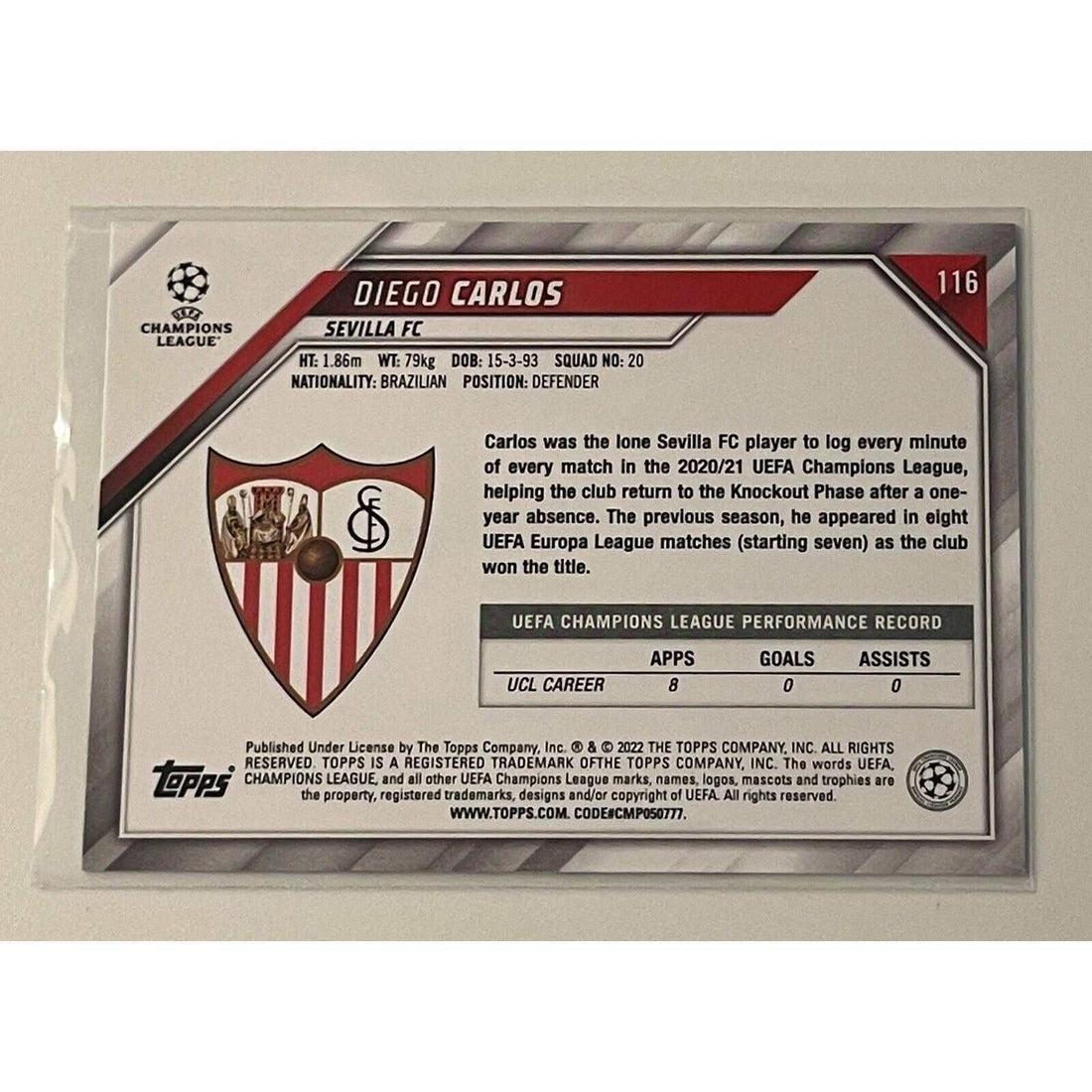 2021-22 Topps UEFA Champions League Diego Carlos soccer card #116 Sevilla FC with Aqua Foil parallel
