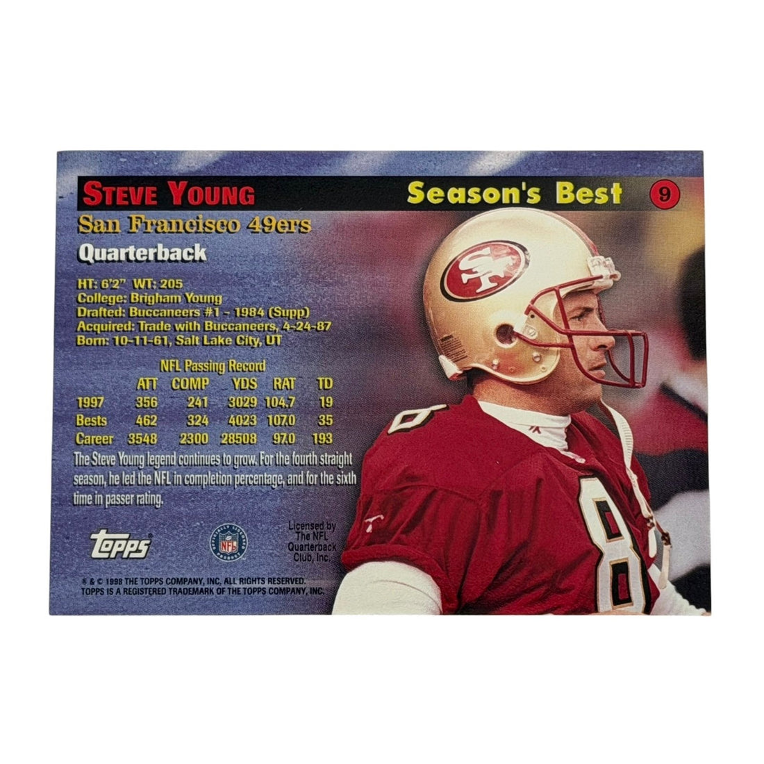 Vintage Steve Young 1998 Topps Season's Vintage Steve Young 1998 Topps Season's Best 9 REFRACTOR NFL 49ers