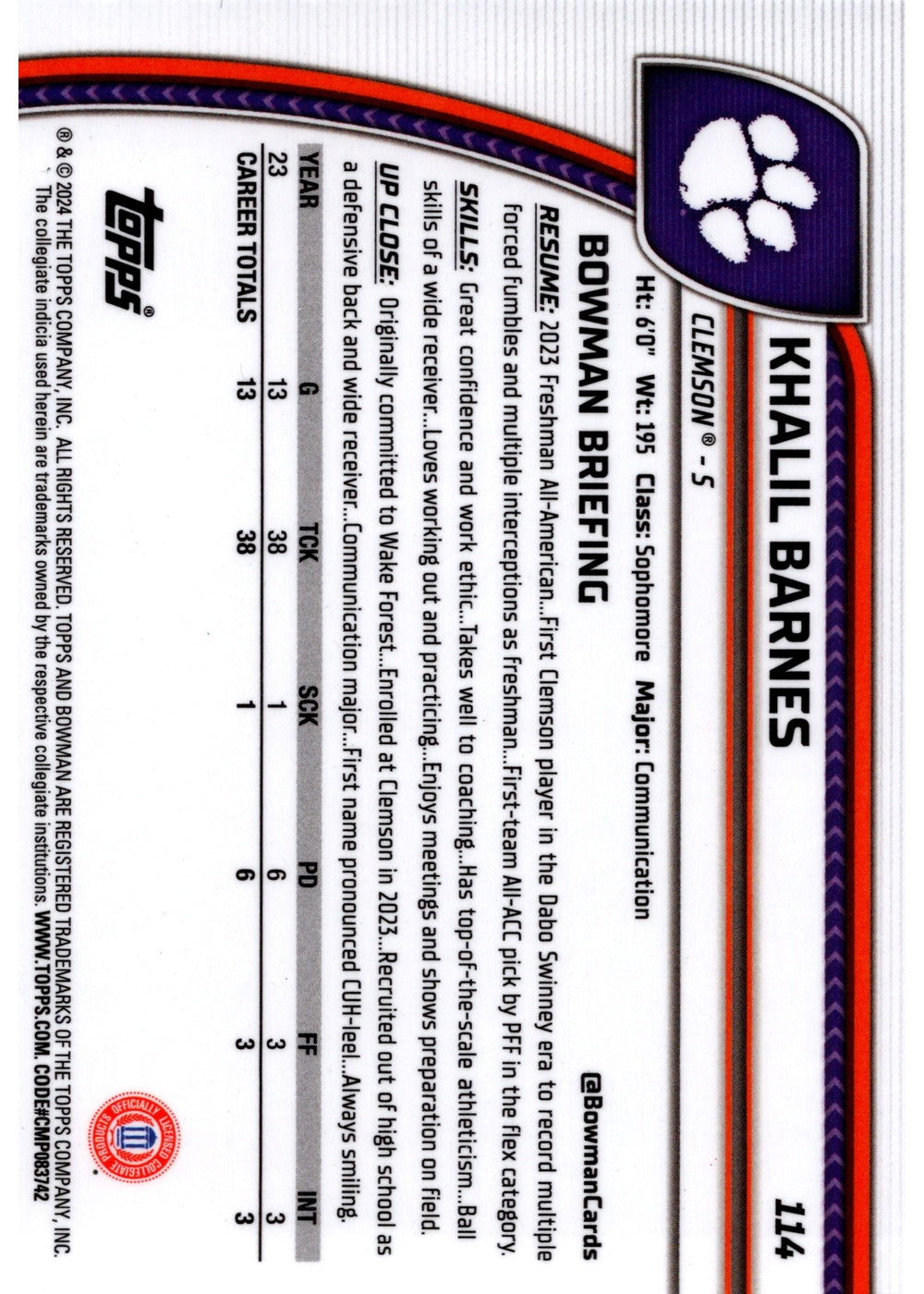 Khalil Barnes Bowman Khalil Barnes 1st Bowman 2024 Bowman Chrome U Clemson S Football