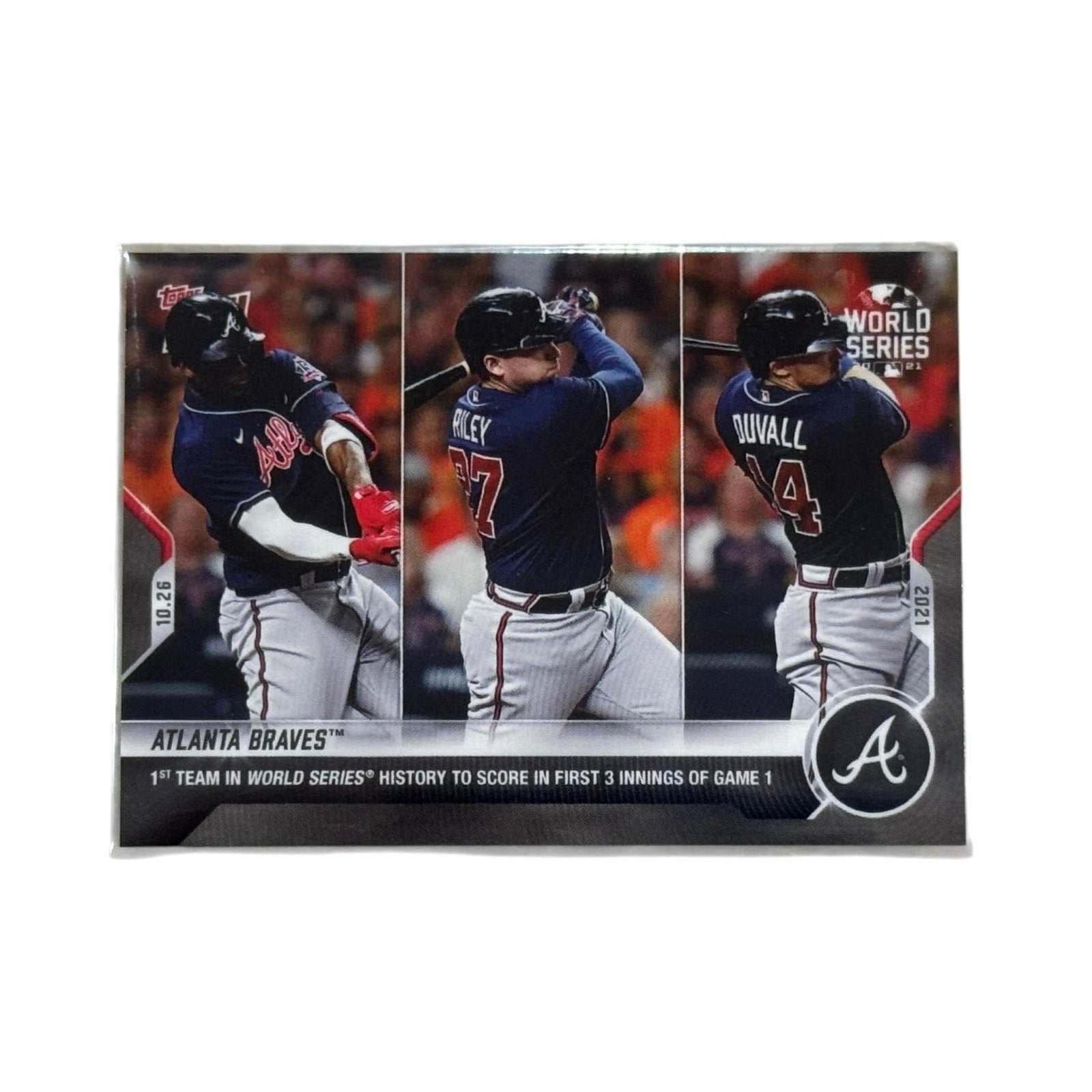 World Series Atlanta Braves Topps NOW baseball card celebrating early runs in Game One of 2021 Fall Classic