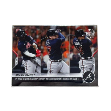 World Series Atlanta Braves Topps NOW baseball card celebrating early runs in Game One of 2021 Fall Classic