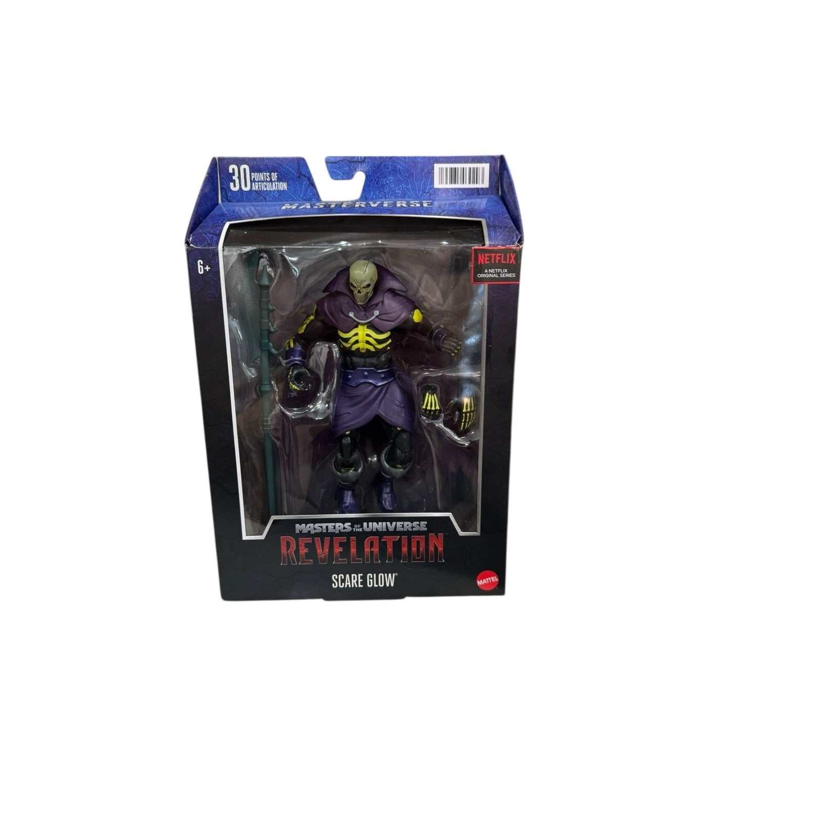 SEALED Masters of the Universe Revelation Scare Glow action figure with 30 points of articulation and glow-in-the-dark details in original Netflix-series packaging