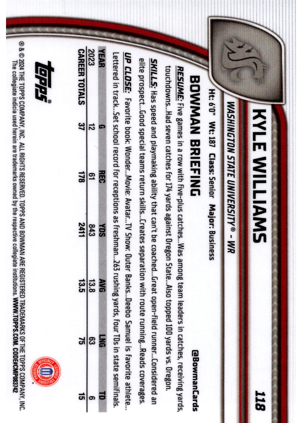 Kyle Williams Bowman Kyle Williams 1st Bowman 2024 Bowman Chrome U 118 Washington State WR