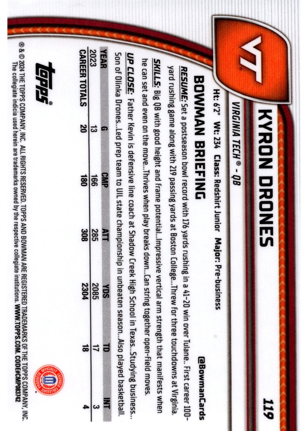 Kyron Drones Bowman Kyron Drones 1st Bowman 2024 Bowman Chrome U Virginia Tech QB Football