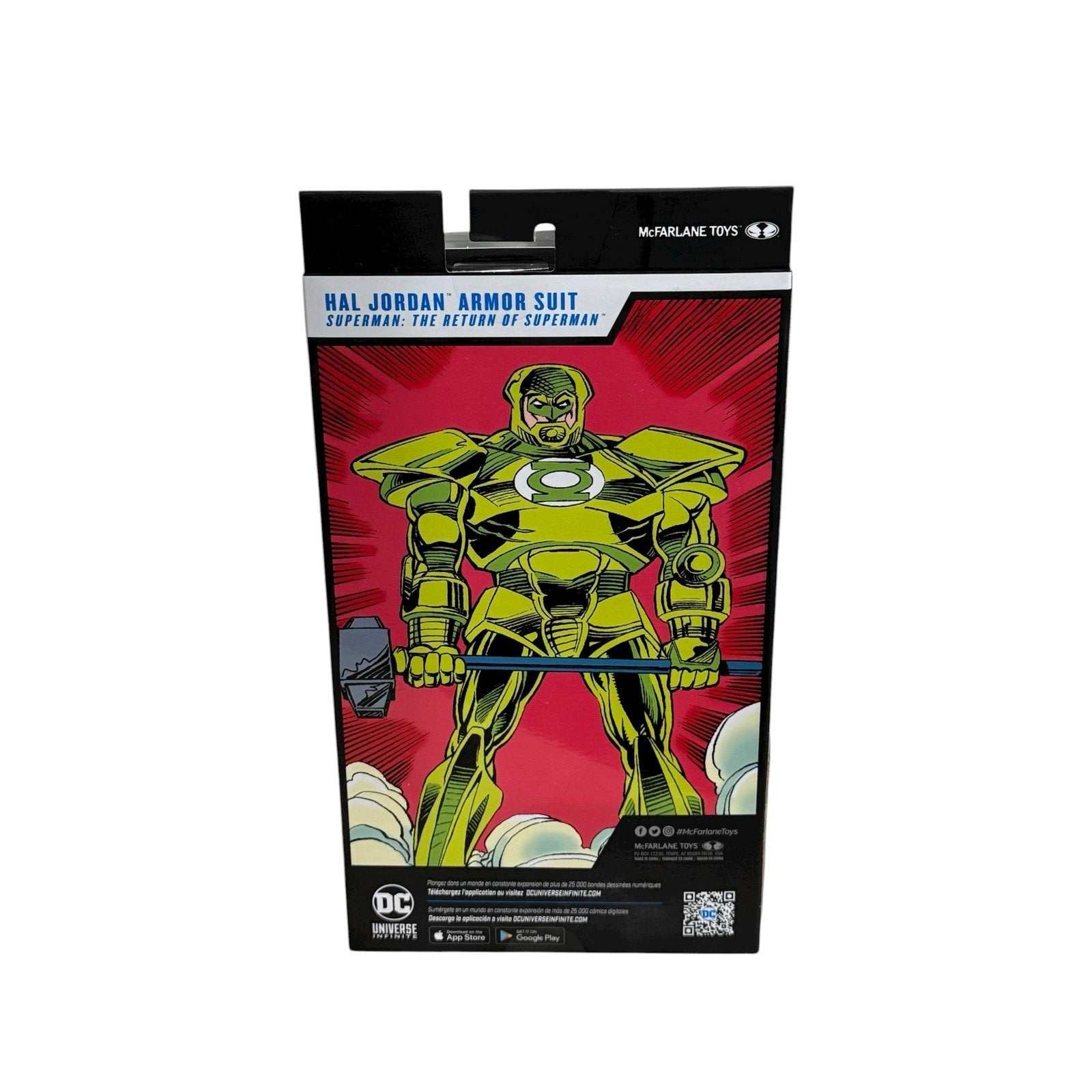 McFarlane DC Multiverse Hal Jordan Armor Suit 7” action figure in factory-sealed packaging with green energy hammer and metallic armor design