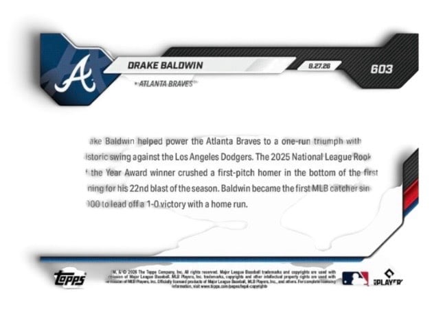 2026 Topps NOW Drake Baldwin RC #603 Gold Foil PR 1348 MLB Braves 48/50 SSP back