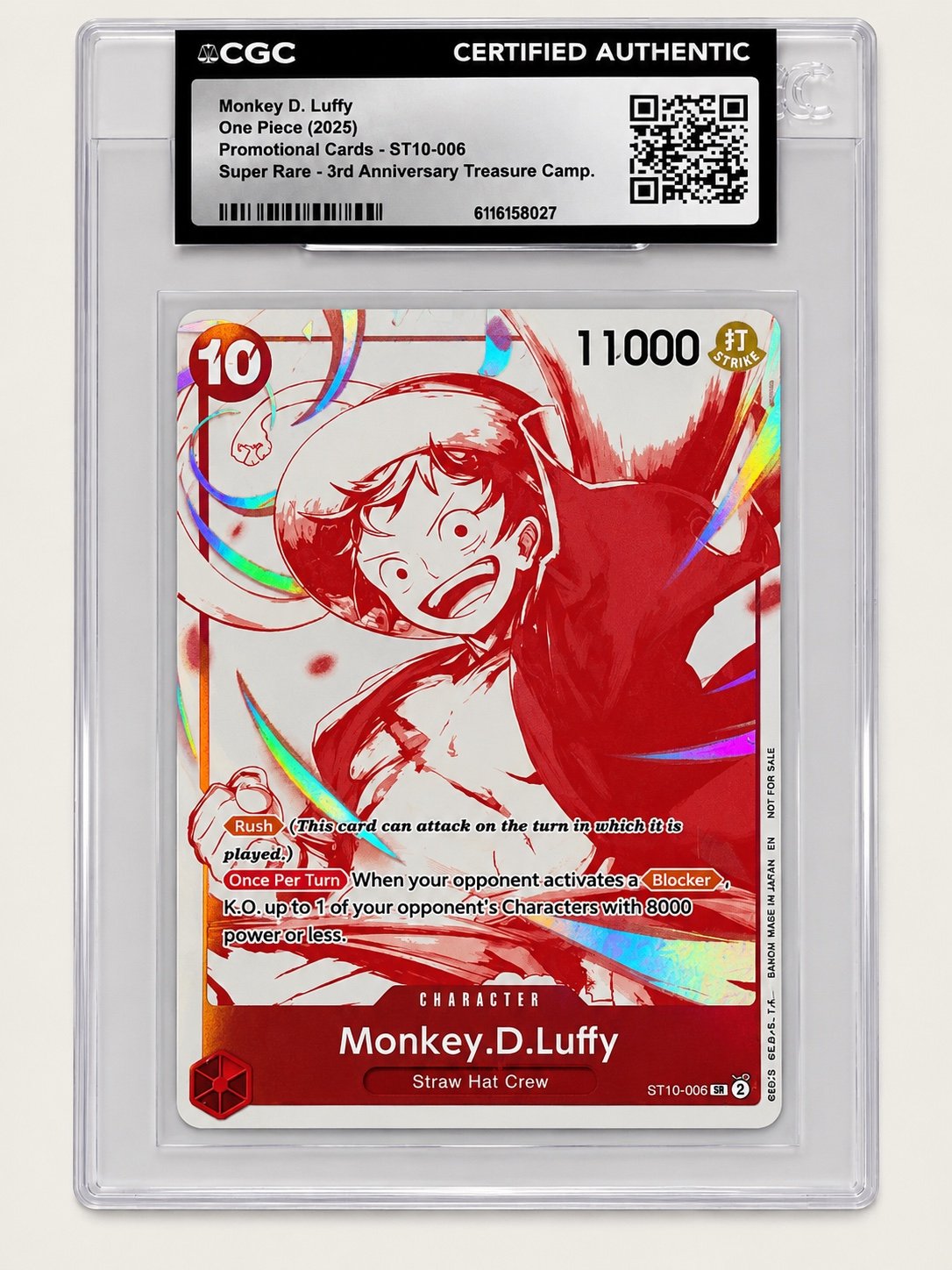 2025 One Piece Monkey D. Luffy ST10-006 3rd Anniversary Treasure CGC Auth front