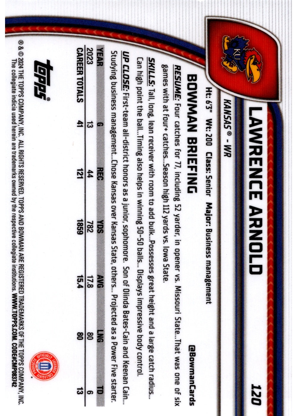 Lawrence Arnold 1st Bowman 2024 Bowman Chrome U Kansas WR Football — back