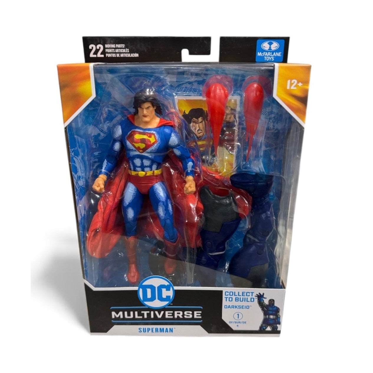 McFarlane DC Multiverse Superman Justice League Task Force action figure in sealed packaging with accessories and trading card