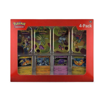 Sam’s Club Exclusive Pokémon TCG 4 Pack Collector Tin Set with Raichu, Machamp, Gengar, and Dragonite booster packs and promo cards in sealed display box