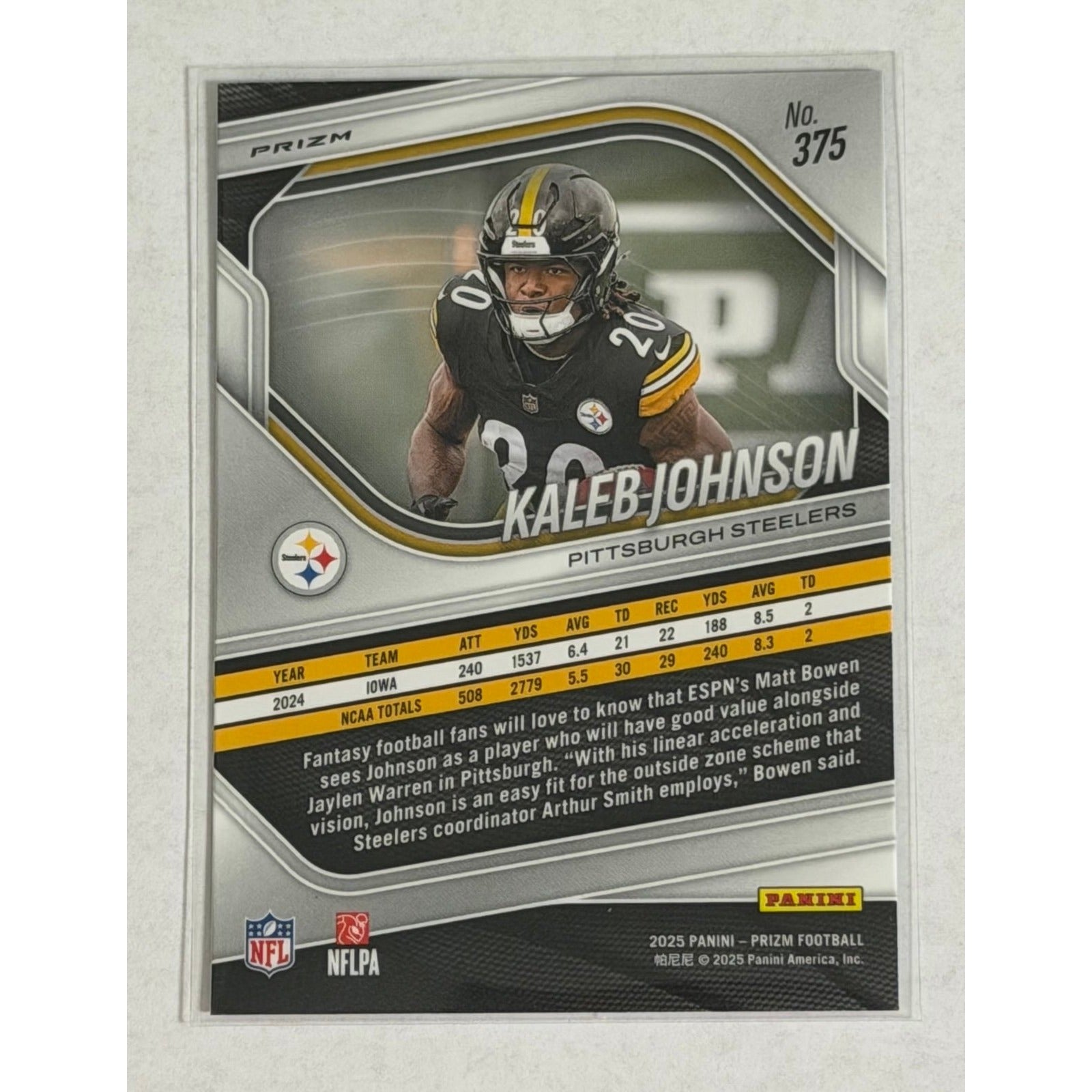 Kaleb Johnson Panini 2025 Panini Prizm Kaleb Johnson RC Cracked Ice 375 Rookie Pittsburgh Steelers