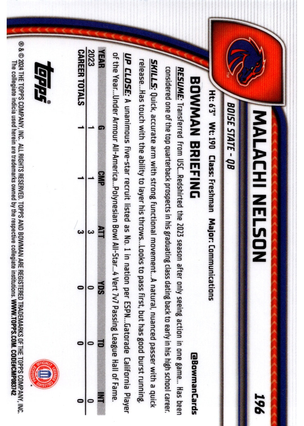 Malachi Nelson Bowman Malachi Nelson 1st Bowman 2024 Bowman Chrome U Boise State QB Football